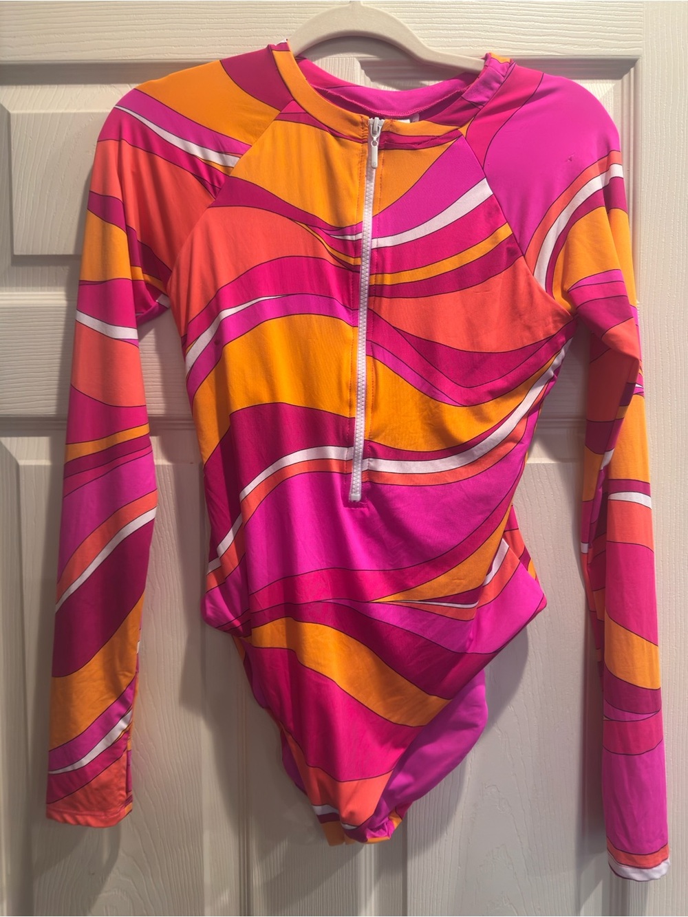 Trina Turk Vivid Vista Pink & Orange Wave Zip-Front Long Sleeve One-Piece Swim